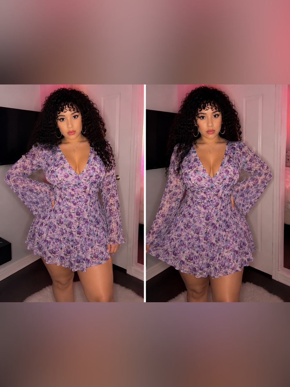 Floral V-Neck Mini Dress in Lavender